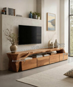 Alternative view of Live Edge Solid Wood TV Stand with Drawers and Open Shelves