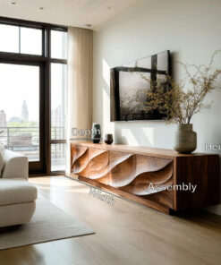 Alternative view of Solid Wood TV Cabinet with Carved Wave Doors