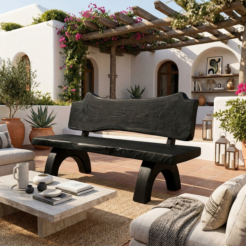 Rustic Live Edge Solid Wood Bench with Backrest for Patio - Image 4