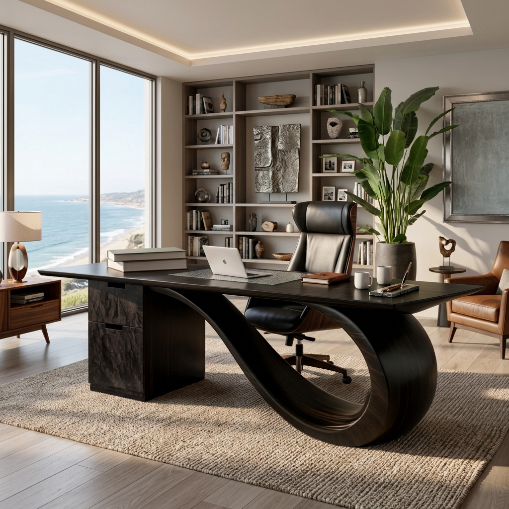 Modern Solid Wood Desk with Curved Sculptural Base and Drawers - Image 4