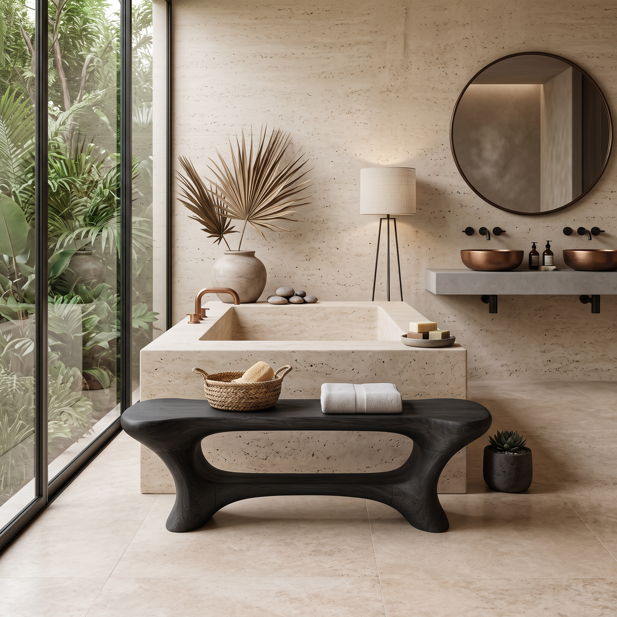 Sculpted Solid Wood Bathroom Bench with Center Shelf - Image 4