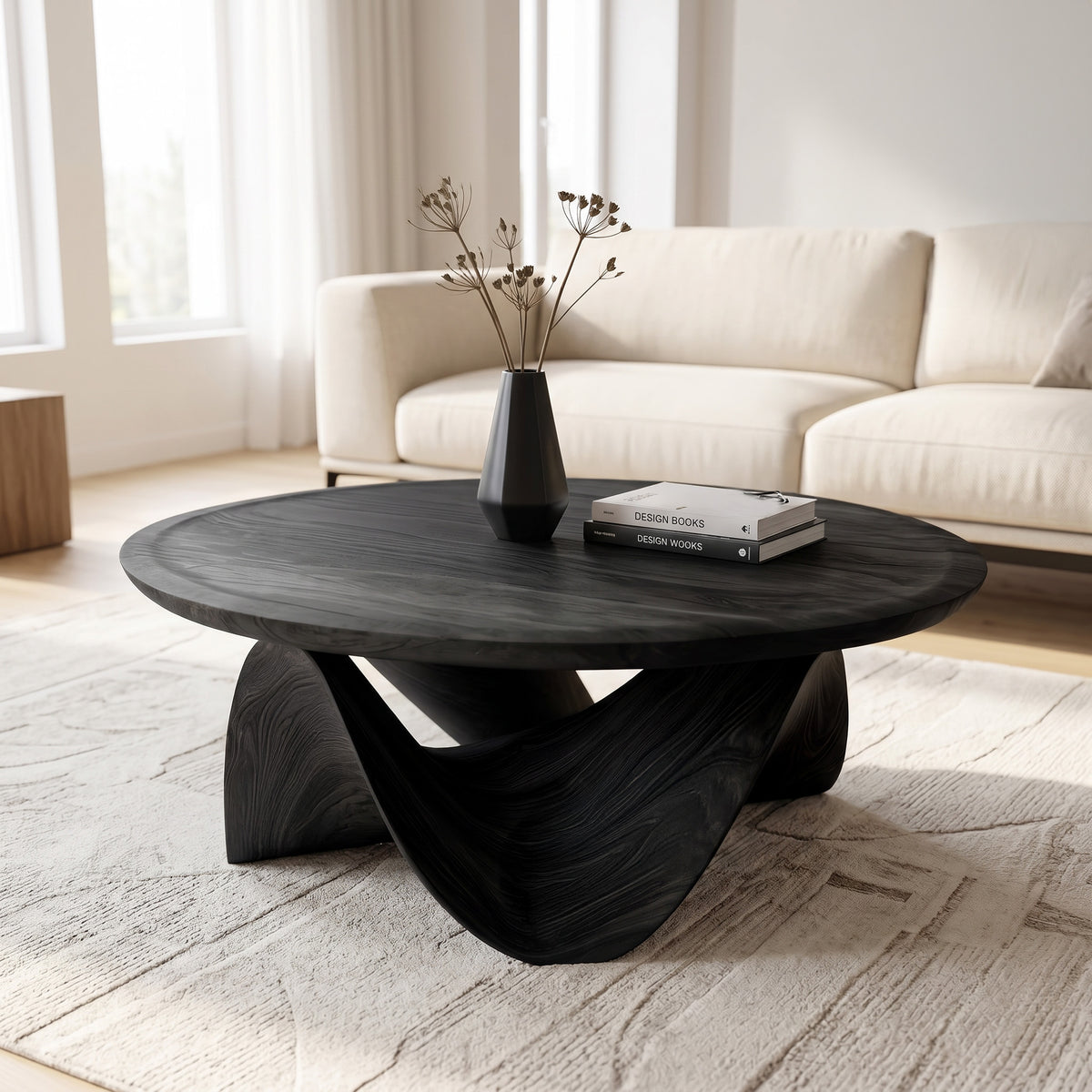 Round Solid Wood Coffee Table with Flowing Sculptural Base - Image 4