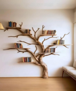 Artistic Solid Wood Tree Bookshelf with Floating Branch Shelves
