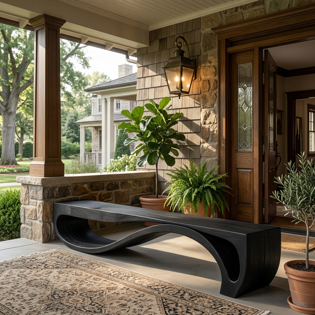 Sculptural Solid Wood Bench with Wave Base for Entryway - Image 4