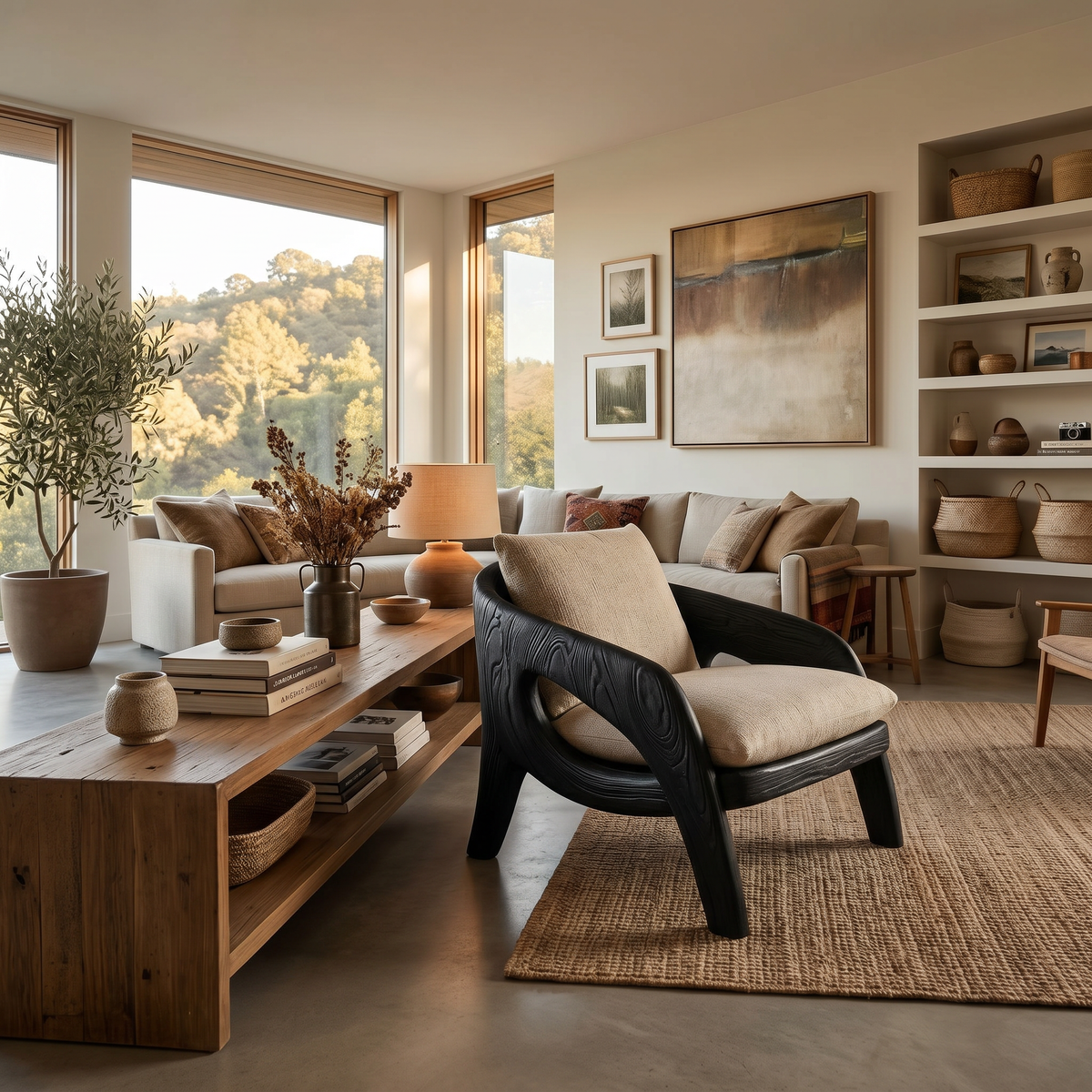 Sculptural Solid Wood Lounge Chair with Upholstered Seat - Image 4