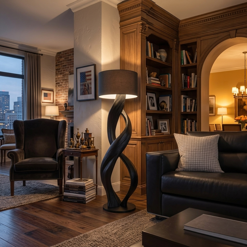 Twisted Solid Wood Sculptural Floor Lamp with Simple Shade - Image 4