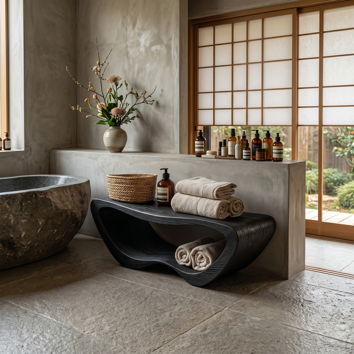 Solid Wood Organic Shower Bench with Open Towel Storage - Image 4
