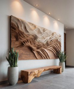 Alternative view of Large Sculptural Solid Wood Wall Art with Flowing Wave Design
