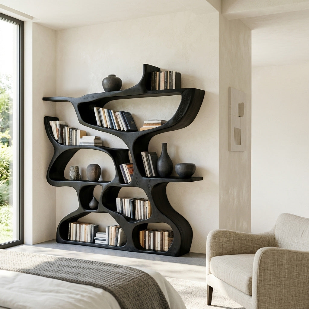 Organic Carved Solid Wood Bookshelf with Open Compartments - Image 4