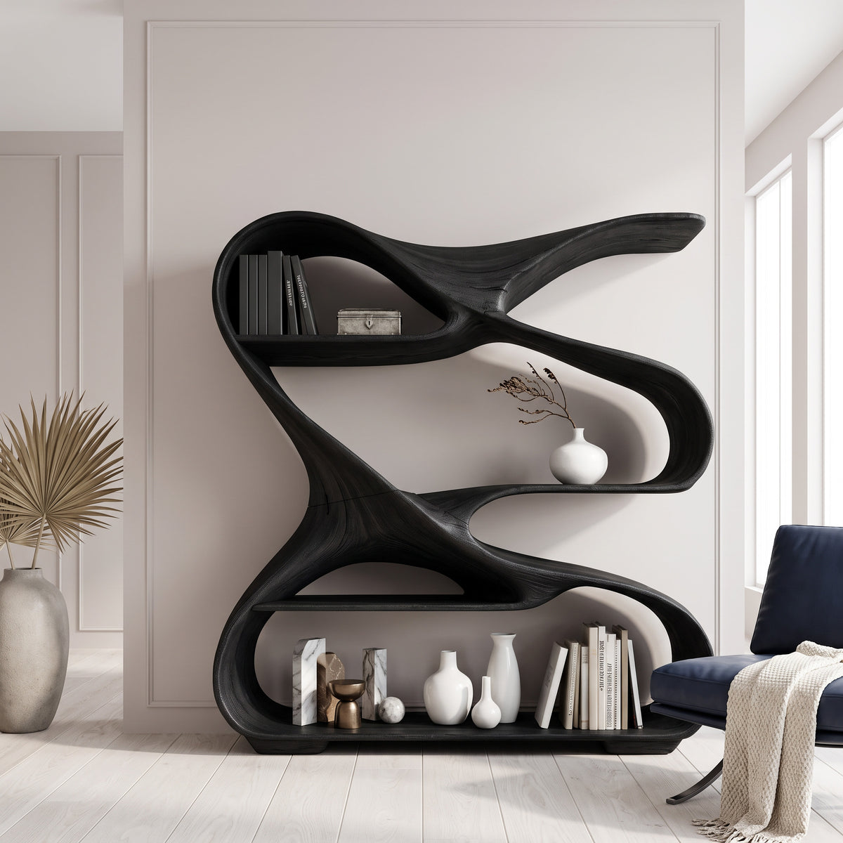 Modern Freeform Sculptural Wood Bookshelf for Office Display - Image 4