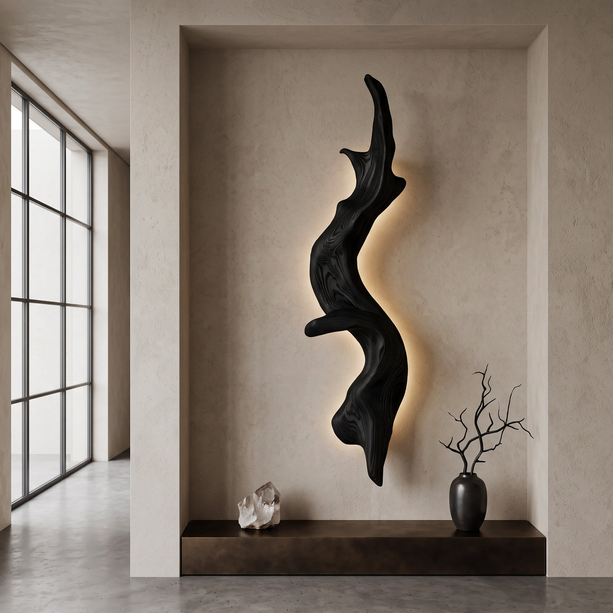 Rustic Organic Solid Wood Wall Lamp Sculpture with Ambient Glow - Image 3