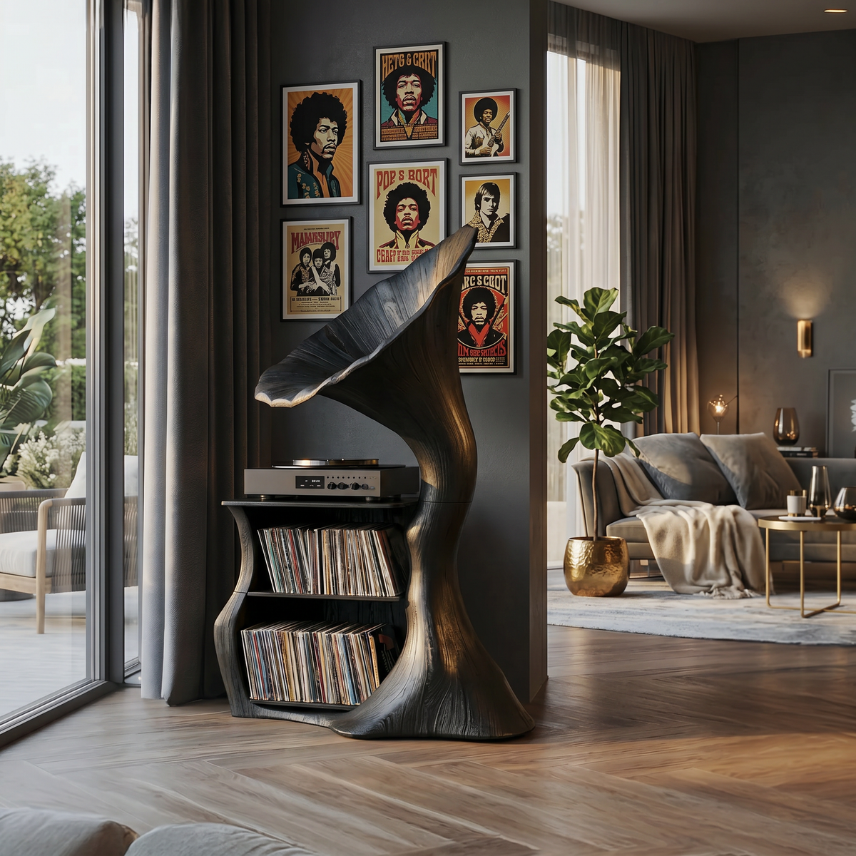 Handcrafted Hardwood Record Player Stand with Cube Storage - Image 4