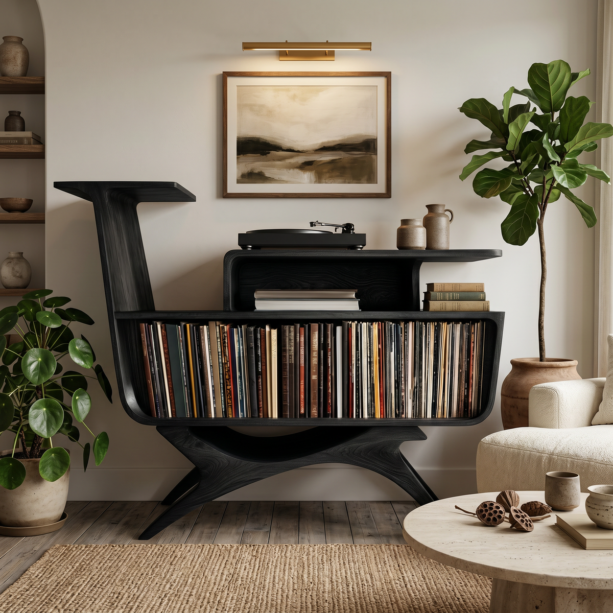 Modern Open Frame Solid Wood Record Player Stand with Vinyl Storage - Image 4