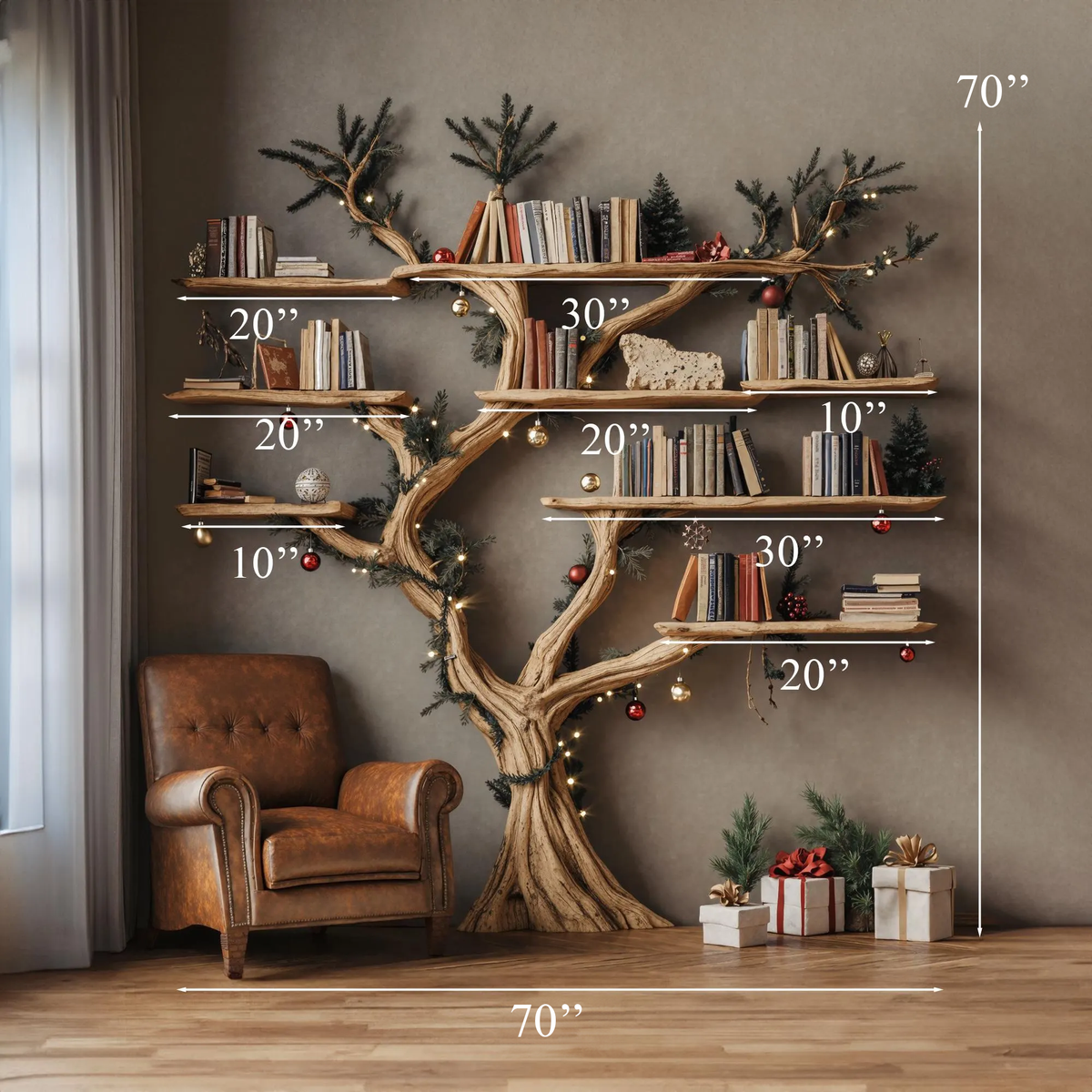 Driftwood-Style Tree Branch Floating Bookshelf, 70 x 70 Inch - Image 4