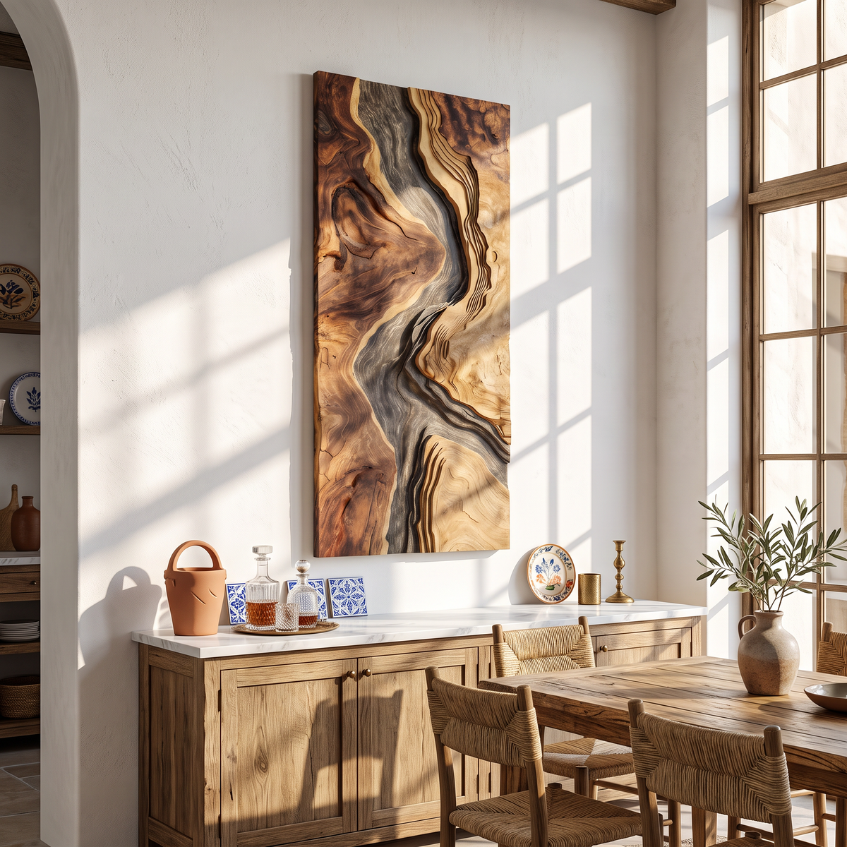 Hand-Carved Solid Hardwood Wave Wall Sculpture for Entryway - Image 4