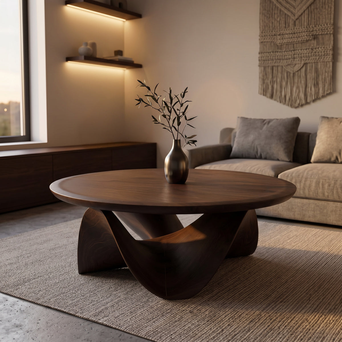 Round Solid Wood Coffee Table with Flowing Sculptural Base - Image 7