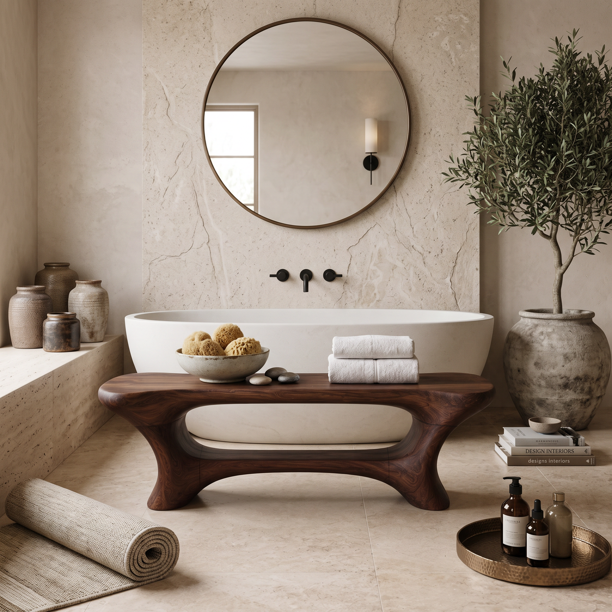 Sculpted Solid Wood Bathroom Bench with Center Shelf - Image 7