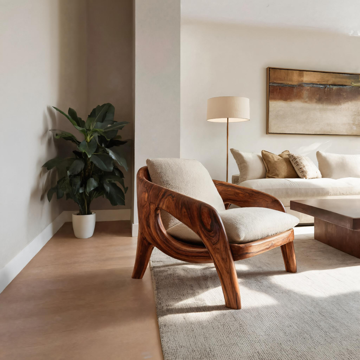Sculptural Solid Wood Lounge Chair with Upholstered Seat - Image 7