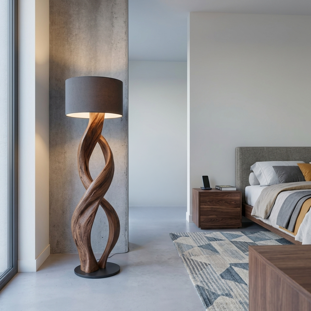 Twisted Solid Wood Sculptural Floor Lamp with Simple Shade - Image 7