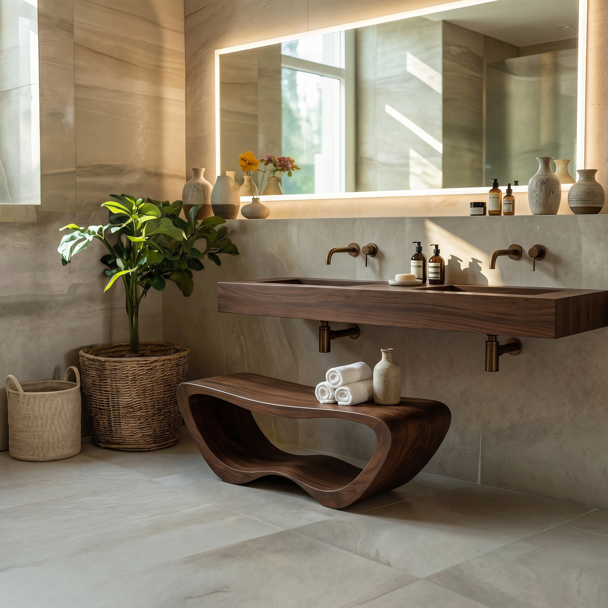 Solid Wood Organic Shower Bench with Open Towel Storage - Image 7