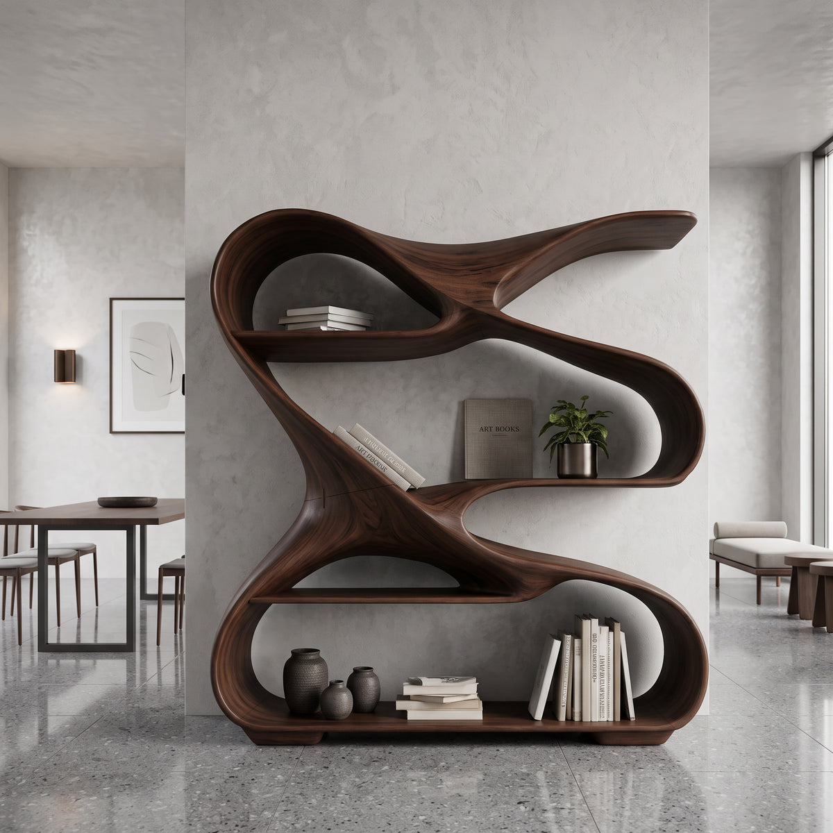 Modern Freeform Sculptural Wood Bookshelf for Office Display - Image 7