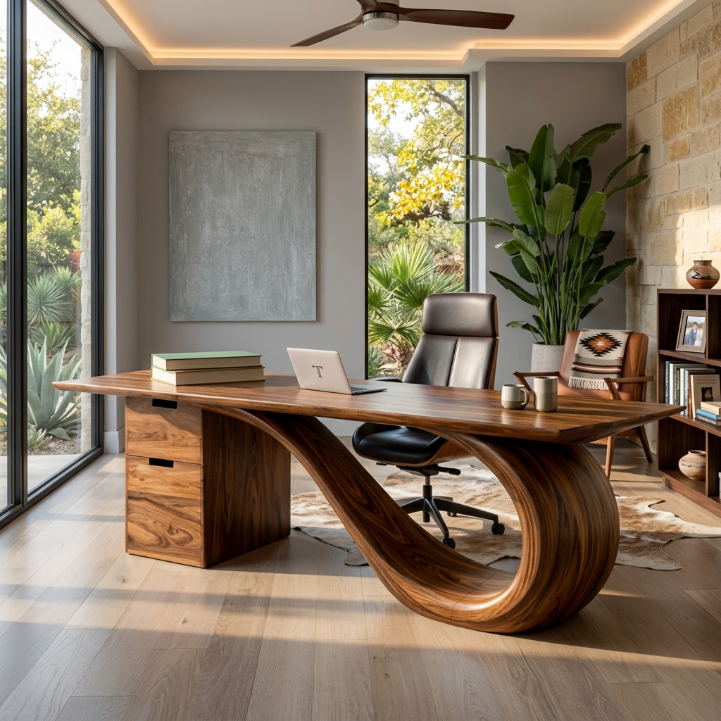 Modern Solid Wood Desk with Curved Sculptural Base and Drawers - Image 7