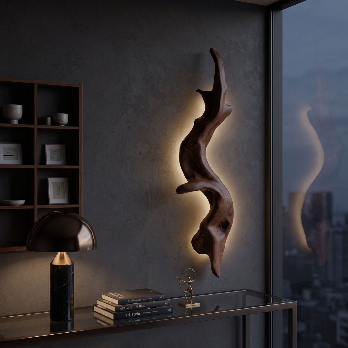 Rustic Organic Solid Wood Wall Lamp Sculpture with Ambient Glow - Image 6