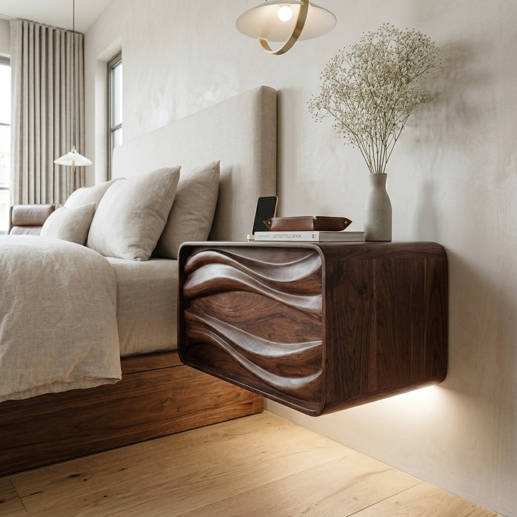 Floating Wall Mounted Nightstand with Carved Wave Drawer - Image 7