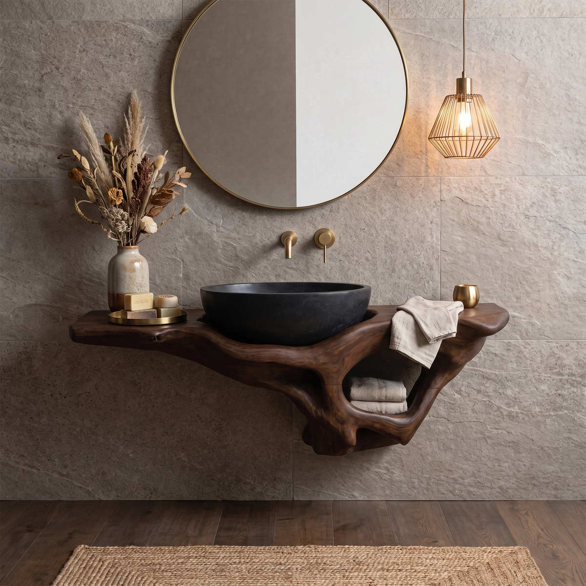 Mid-Century Live Edge Solid Wood Bathroom Vanity Shelf - Image 7