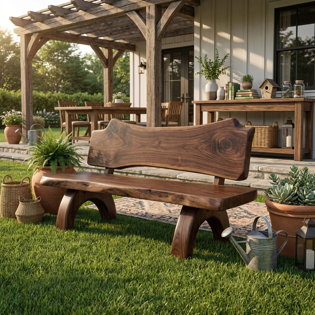 Rustic Live Edge Solid Wood Bench with Backrest for Patio - Image 7