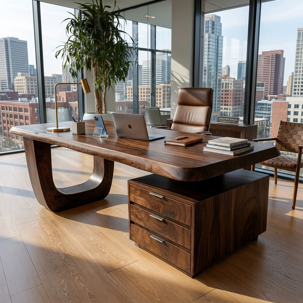 Minimalist Solid Wood Desk with Drawers and Curved Base - Image 7