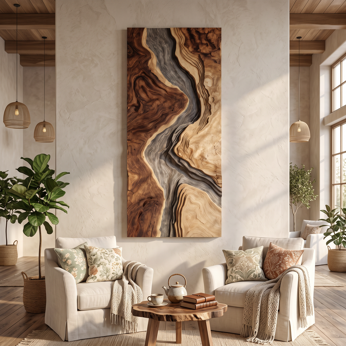 Hand-Carved Solid Hardwood Wave Wall Sculpture for Entryway - Image 5