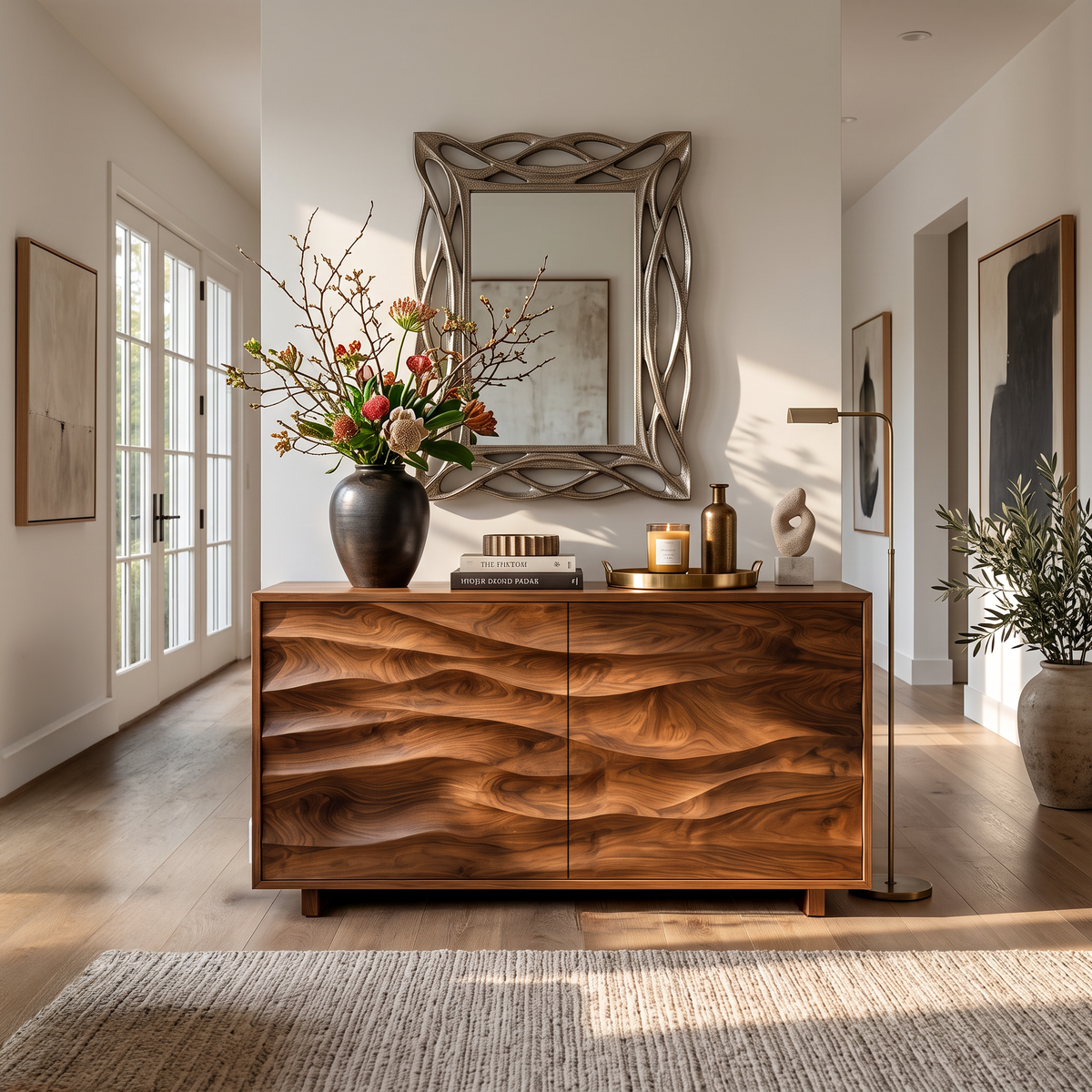 Wave Carved Solid Wood Sideboard with Sculpted Front Panels - Image 8