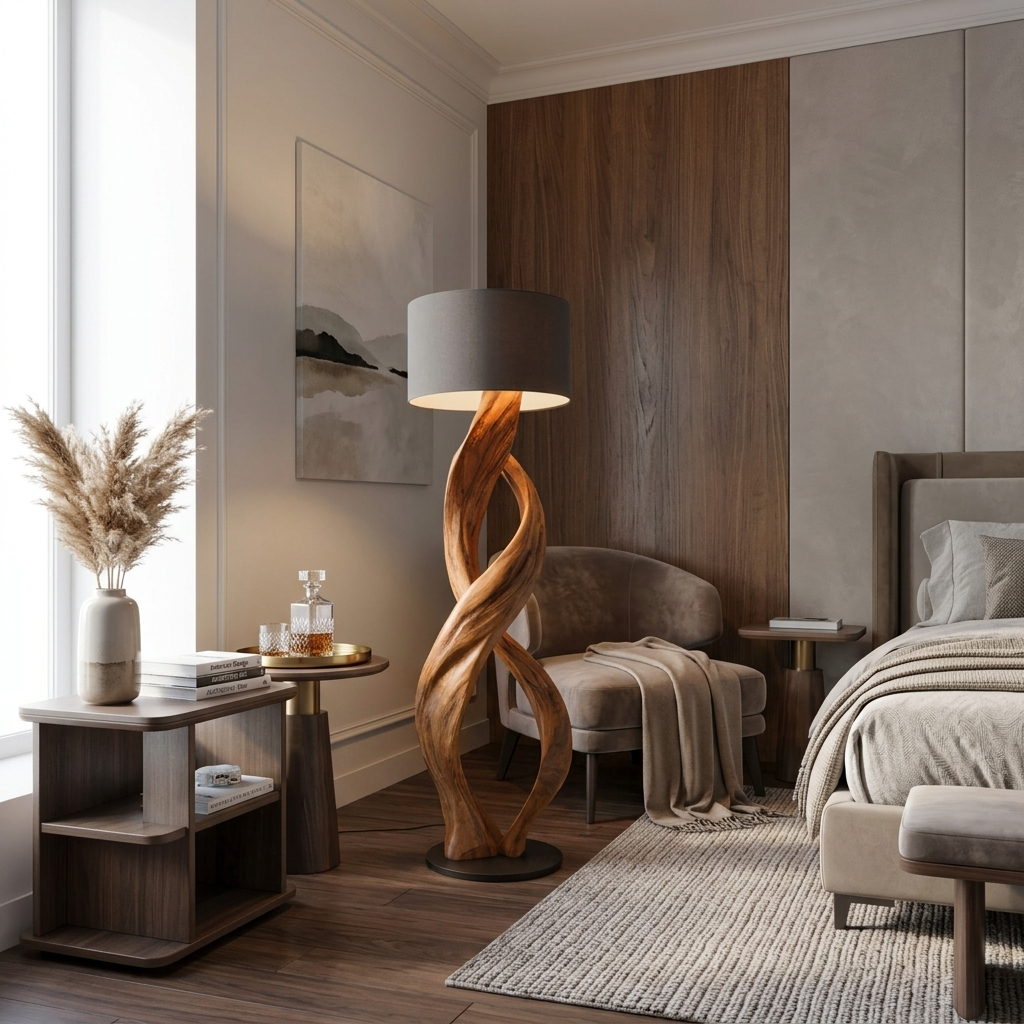 Twisted Solid Wood Sculptural Floor Lamp with Simple Shade - Image 6