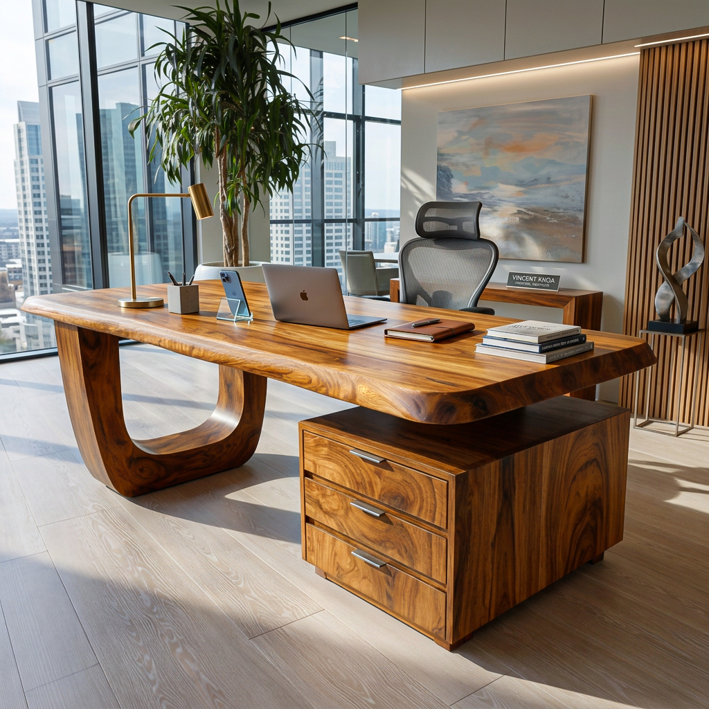 Minimalist Solid Wood Desk with Drawers and Curved Base - Image 6