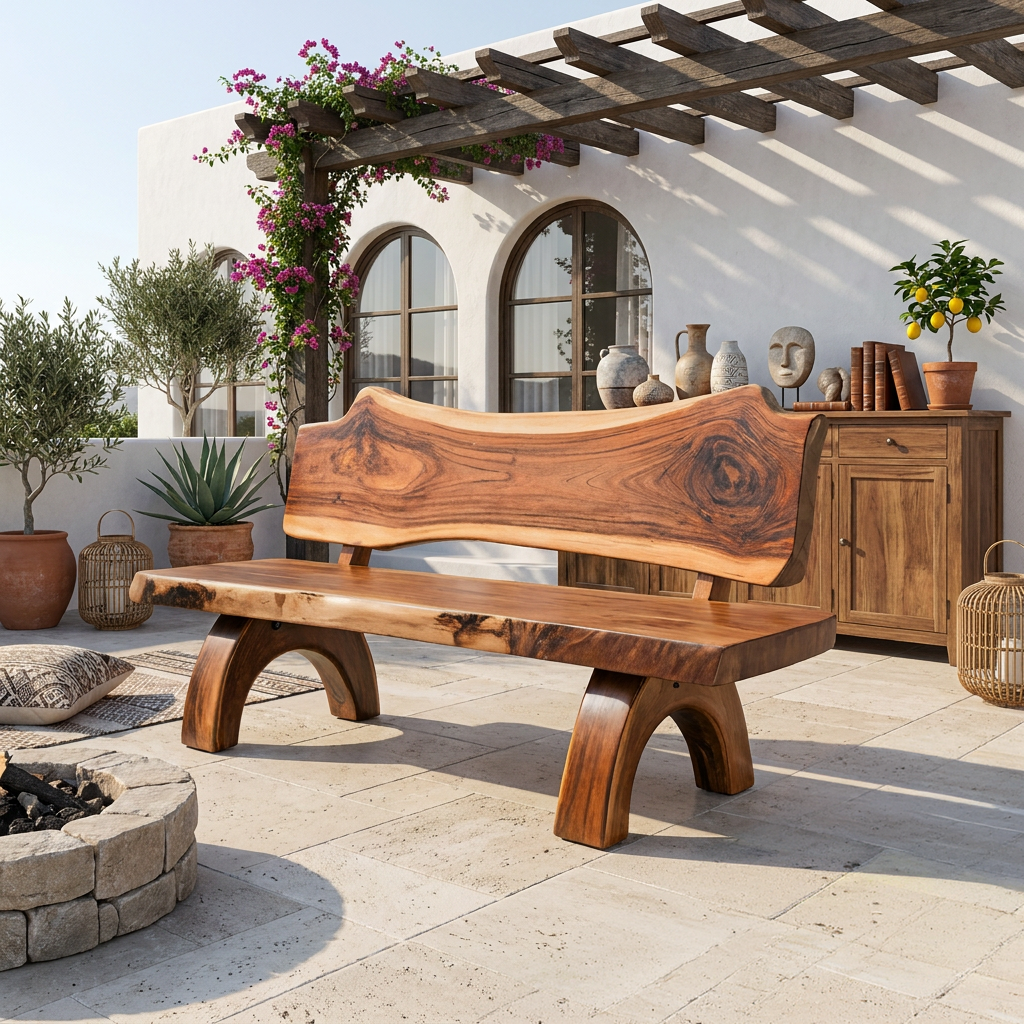 Rustic Live Edge Solid Wood Bench with Backrest for Patio - Image 6