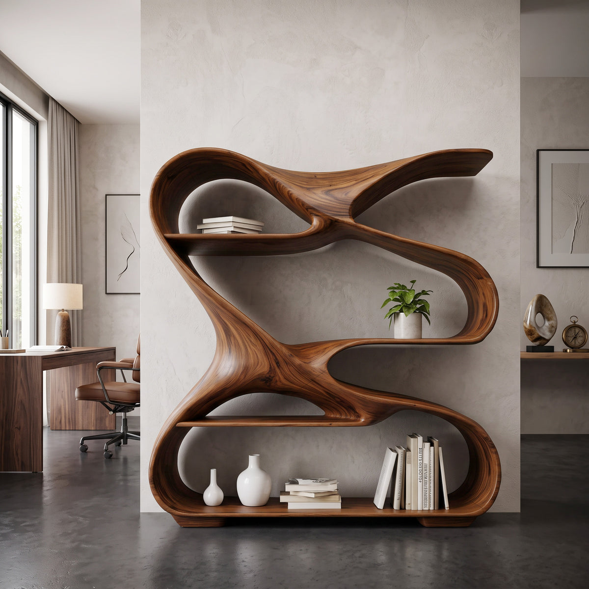 Modern Freeform Sculptural Wood Bookshelf for Office Display - Image 6