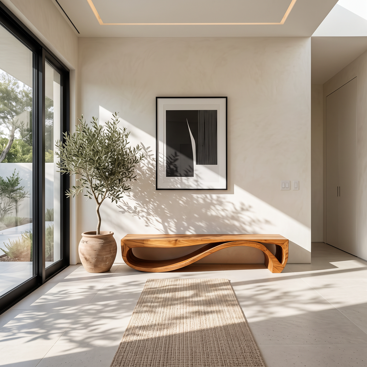 Sculptural Solid Wood Bench with Wave Base for Entryway - Image 6