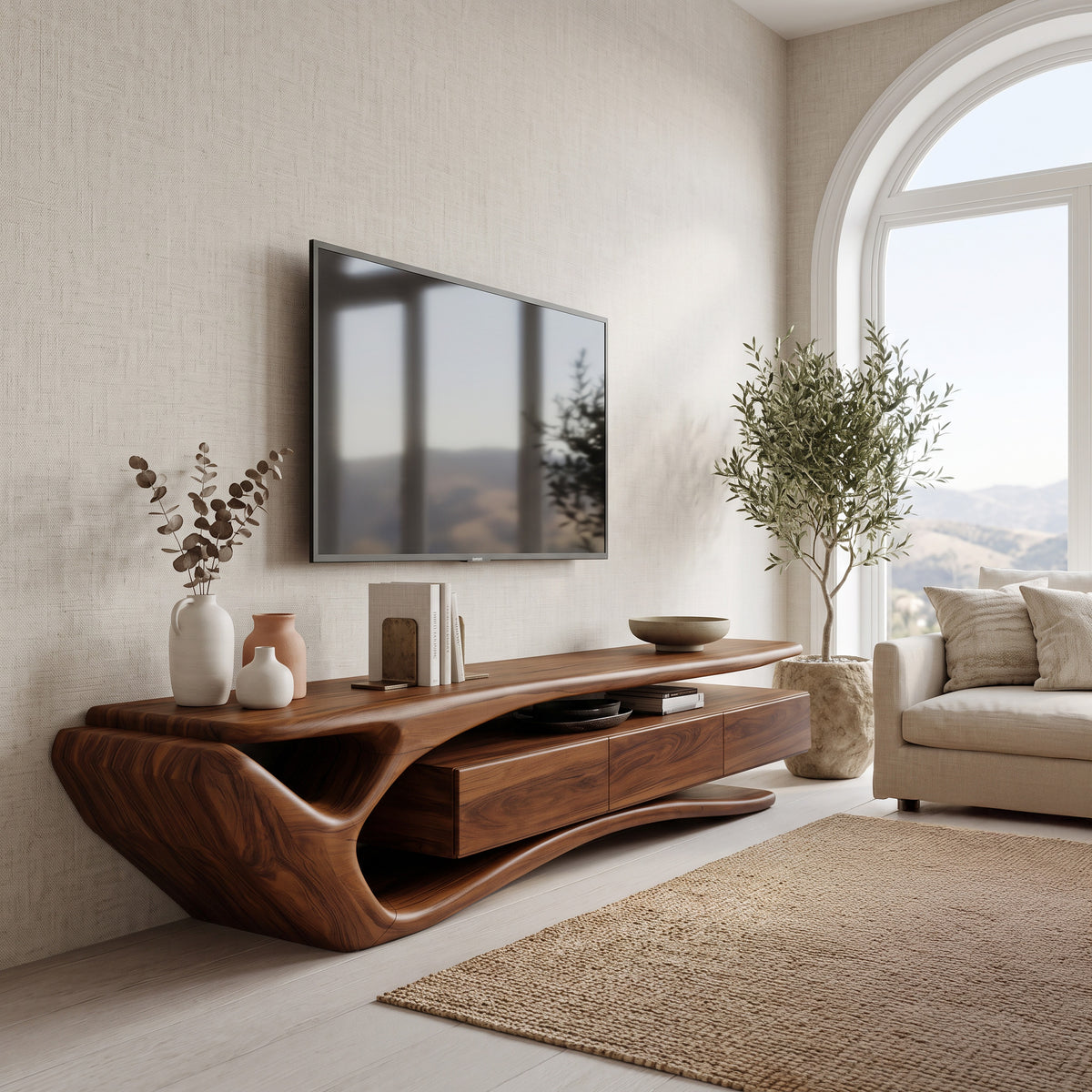 Sculptural Solid Wood TV Stand with Storage Drawers - Image 6
