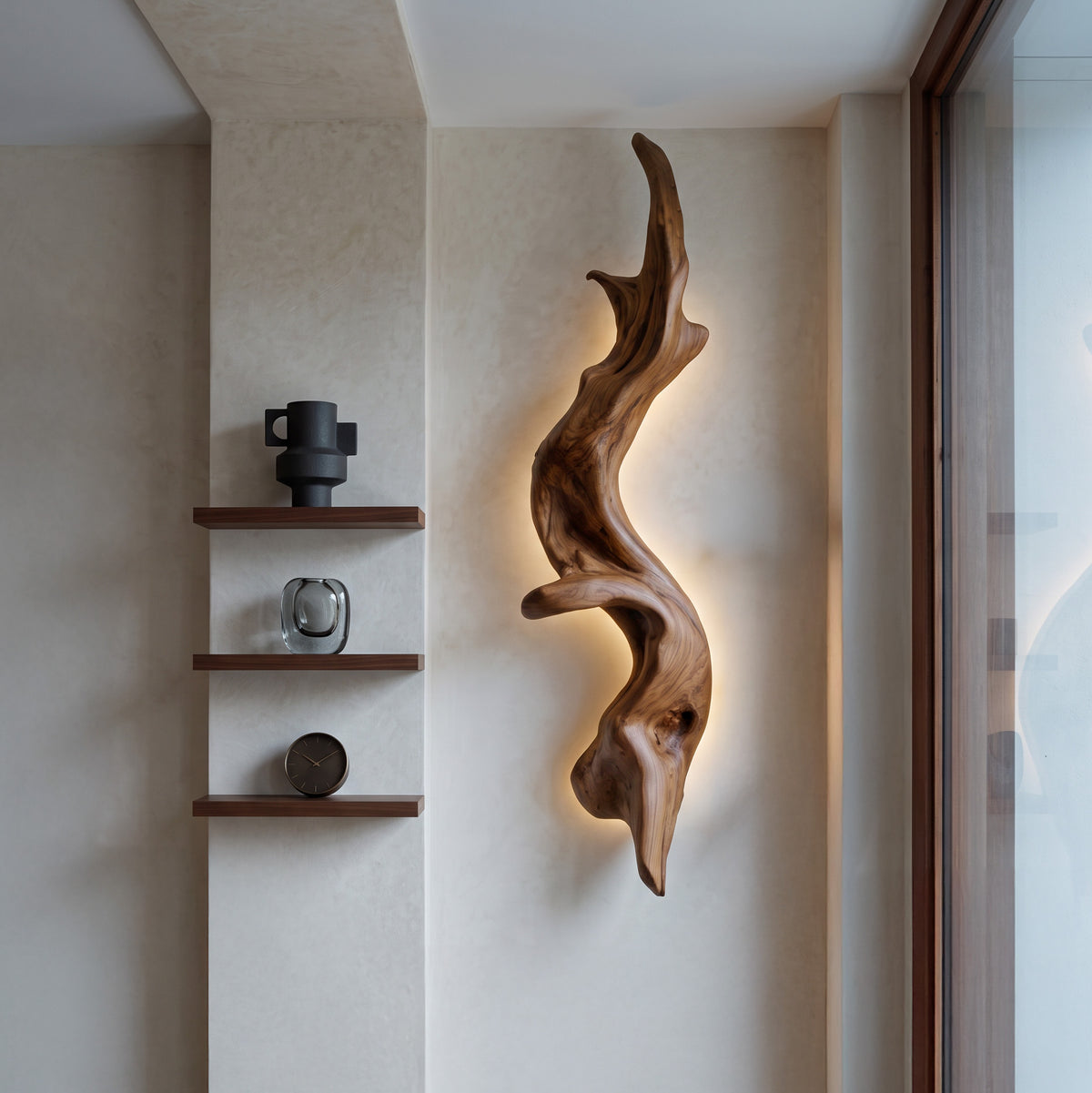 Rustic Organic Solid Wood Wall Lamp Sculpture with Ambient Glow - Image 5