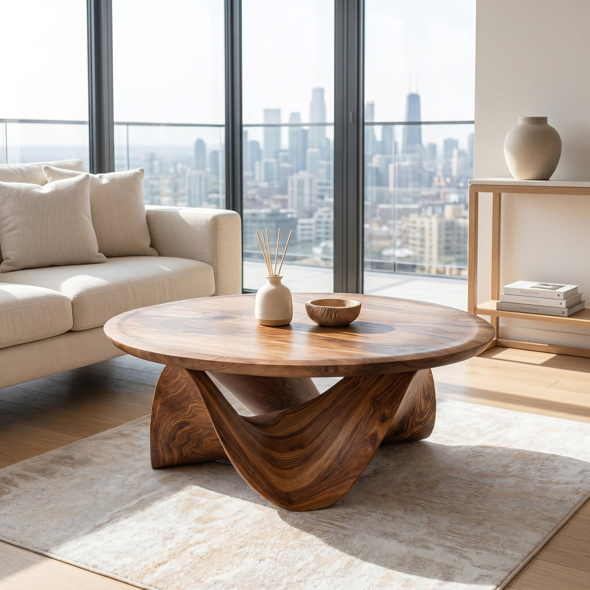 Round Solid Wood Coffee Table with Flowing Sculptural Base - Image 6
