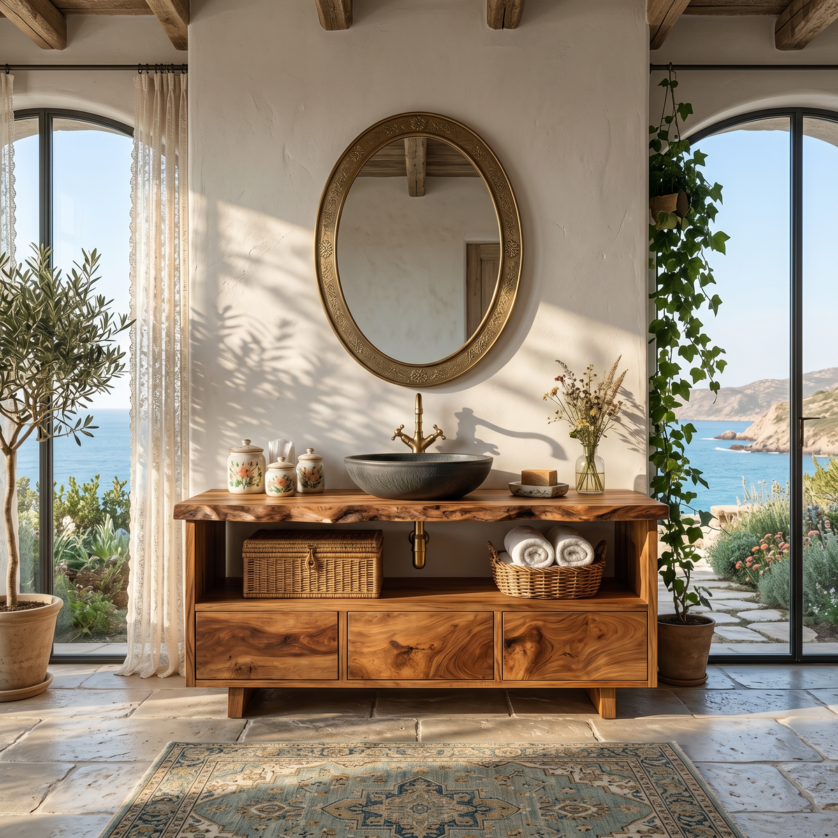 Mid-Century Solid Wood Wall-Mount Bathroom Vanity, Live Edge - Image 6