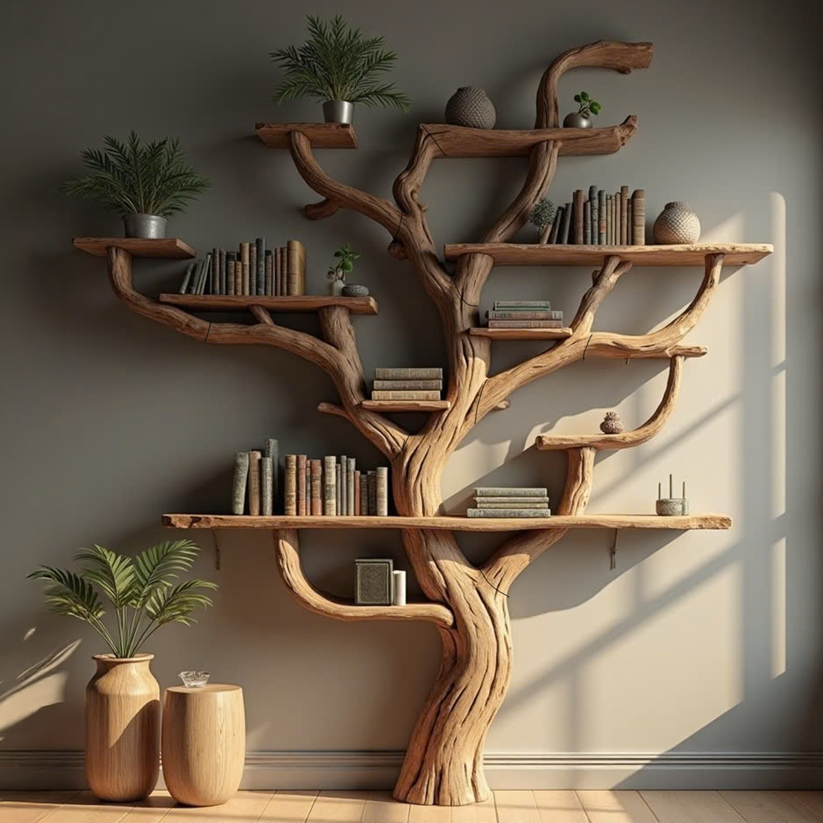 Wall Mounted Tree Branch Corner Bookshelf in Natural Wood - Image 3