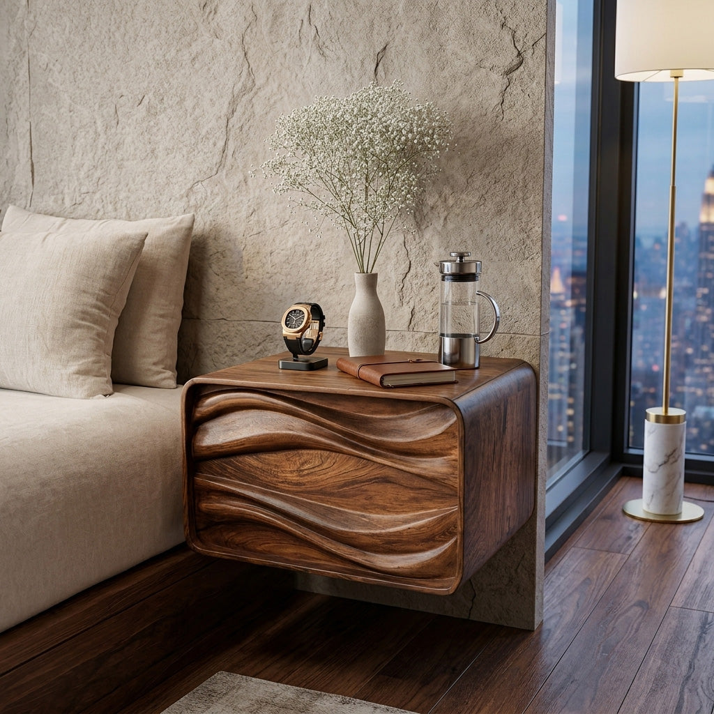 Floating Wall Mounted Nightstand with Carved Wave Drawer - Image 6