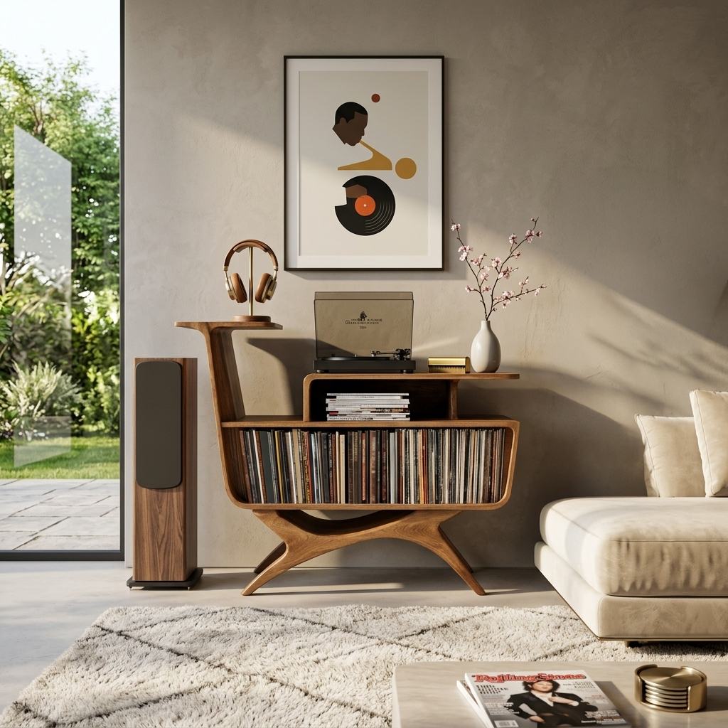 Modern Open Frame Solid Wood Record Player Stand with Vinyl Storage - Image 6