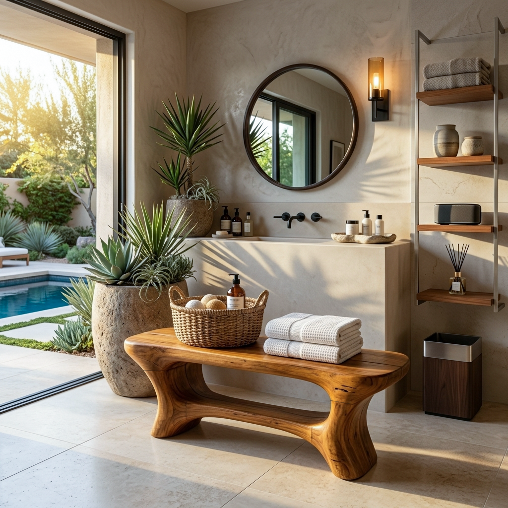 Sculpted Solid Wood Bathroom Bench with Center Shelf - Image 6