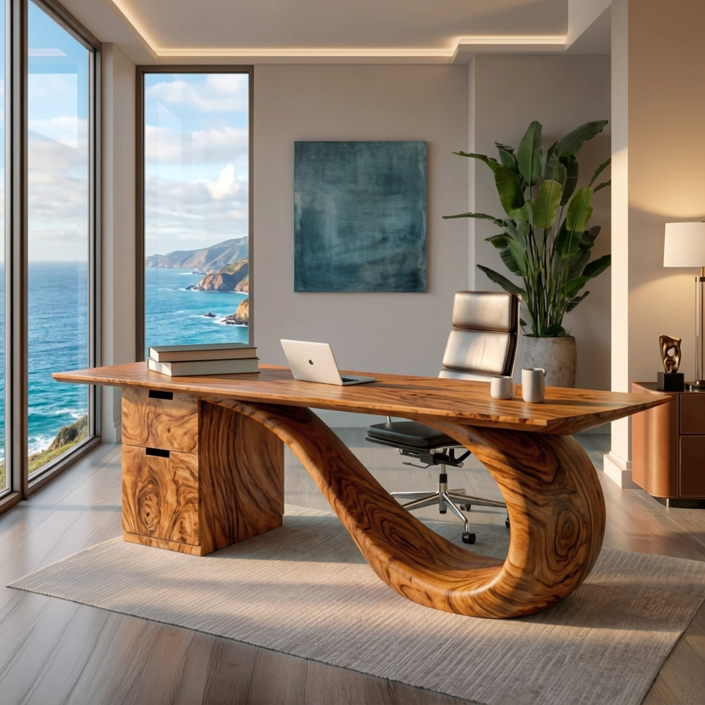 Modern Solid Wood Desk with Curved Sculptural Base and Drawers - Image 6