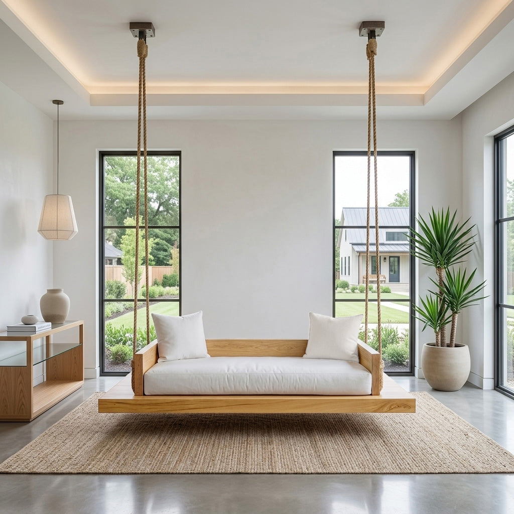 Solid Wood Hanging Ceiling Swing Seat with Natural Edge - Image 5