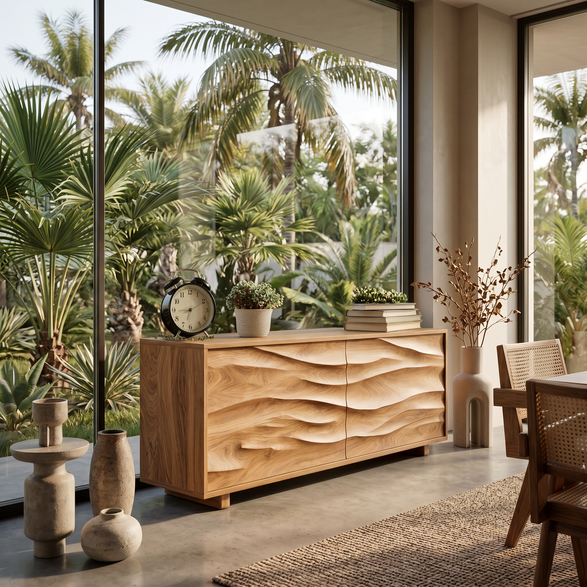 Wave Carved Solid Wood Sideboard with Sculpted Front Panels - Image 7