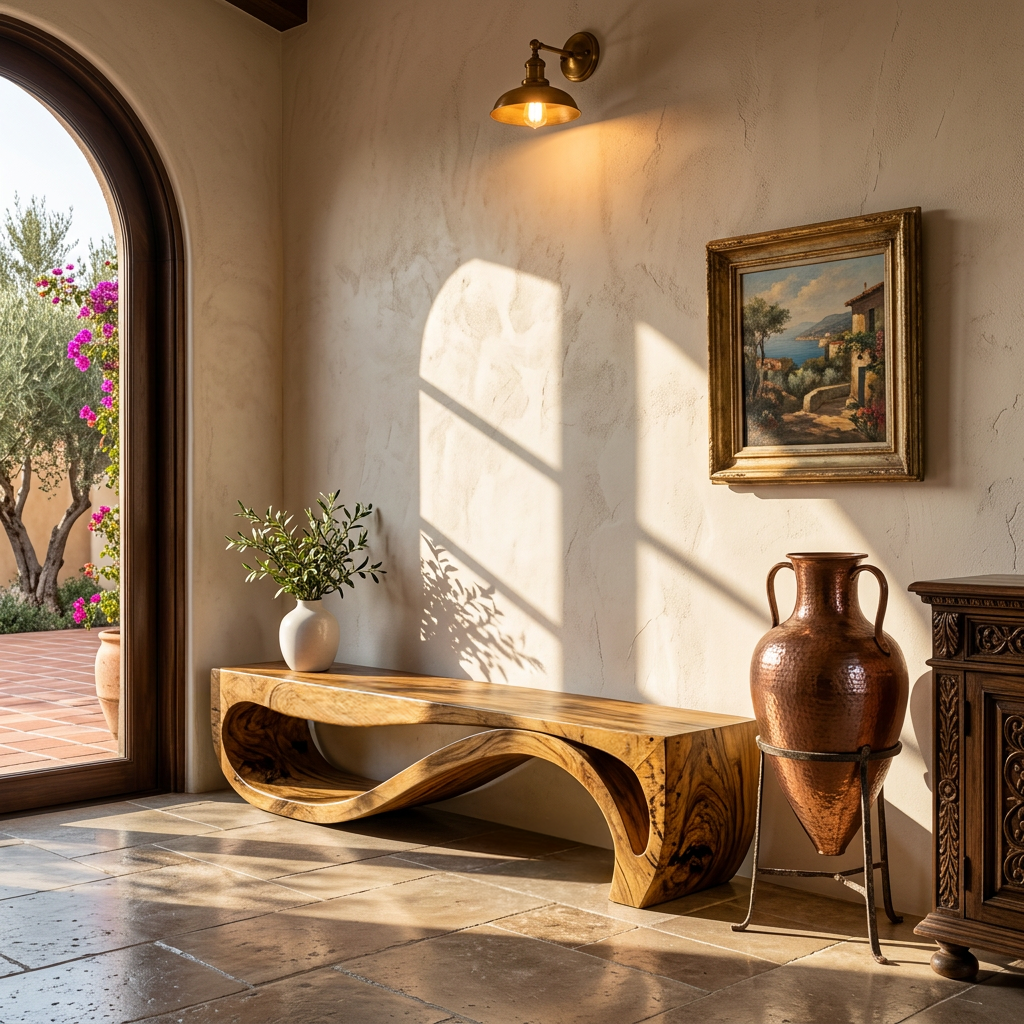 Sculptural Solid Wood Bench with Wave Base for Entryway - Image 5